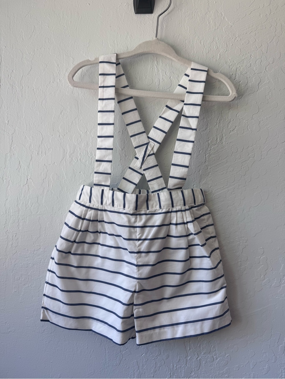 Jacadi White and Navy Striped Suspender Shorts